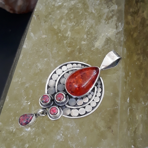 Amber and Fire Opal Silver Pendant - Picture 4 of 10